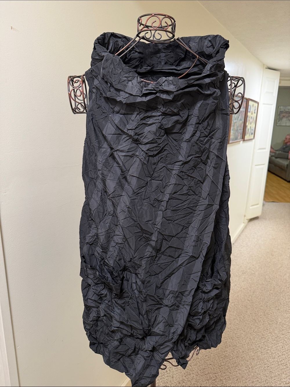 Black & Dark Grey Stripe Crinkle Taffeta Asymmetrical Sleeveless Tunic